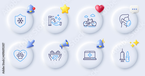 Fair trade, Pets care and Medical vaccination line icons. Buttons with 3d bell, chat speech, cursor. Pack of Clean skin, Washing hands, Medical help icon. Bike pictogram. For web app, printing. Vector