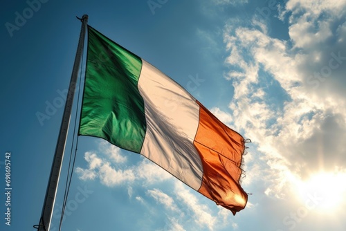 Ireland flag waving on blue sky background