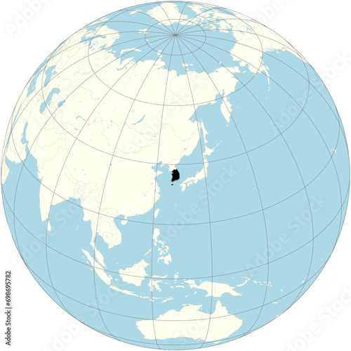 The orthographic projection of the world map with Republic of Korea at its center. commonly known as South Korea, located in East Asia on the southern half of the Korean Peninsula photo