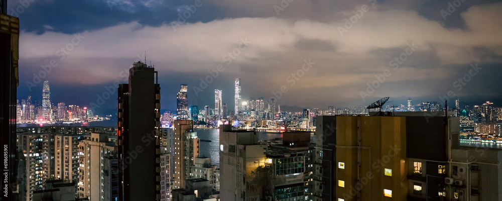 High Rise Buildings with the Background of Night Panoramic View of Hong Kong