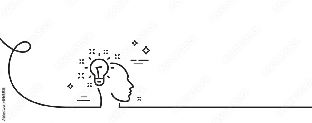 Idea line icon. Continuous one line with curl. Human head with light bulb sign. Inspiration symbol. Idea single outline ribbon. Loop curve pattern. Vector