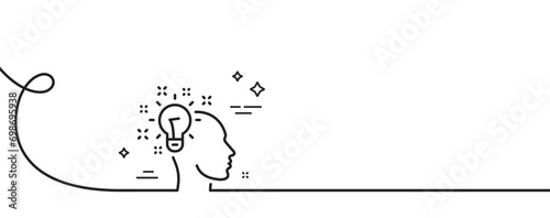 Idea line icon. Continuous one line with curl. Human head with light bulb sign. Inspiration symbol. Idea single outline ribbon. Loop curve pattern. Vector