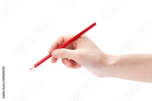 赤鉛筆を持つ手（背景透過切り抜き合成用png素材）
