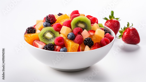 A bowl of healthy fresh fruit salad on a white background