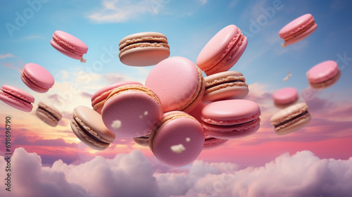 French macaroons fly in the air among crumbs against the backdrop of pink clouds photo