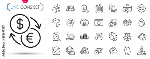 Pack of Bribe, Checkbox and Search document line icons. Include Currency exchange, Internet pay, Baggage pictogram icons. Business podium, Hot water, 360 degree signs. Group. Vector