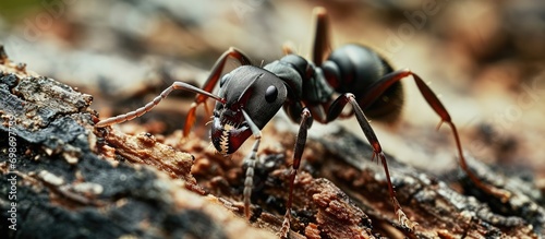 Close-up of the queen of Colorado Field Ant emerging on a piece of wood.