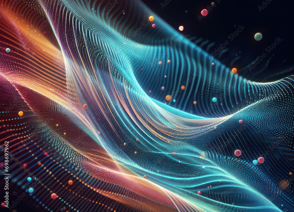 colorful and dynamic display of swirling lines and dots that create a visual representation of digital data or abstract art. digital data visualization, representing network system colorful and dynamic display of swirling lines and dots that create a visual representation of digital data or abstract art. digital data visualization, representing network system