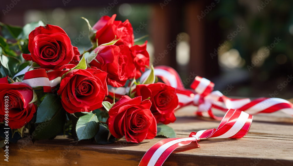 A bouquet of scarlet roses with  ribbon on wood table  - obrazy, fototapety, plakaty 