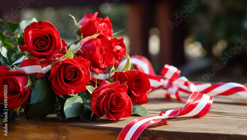 A bouquet of scarlet roses with ribbon on wood table 