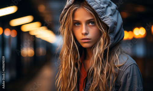Intense portrait of a young girl with expressive eyes in a dimly lit atmospheric urban setting © Bartek