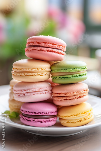 Colorful delicious French macarons in a plate
