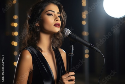 Singer in black dress with microphone for recording, bold dress but elegant