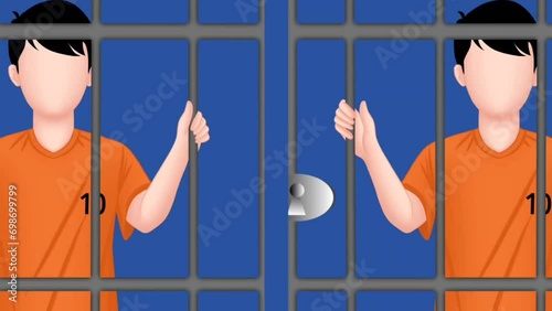 Animated video of a drug transaction being caught and the perpetrator being criminally punished. Illustration of drug and psychotropic substance abuse. Moving animation on blue background photo