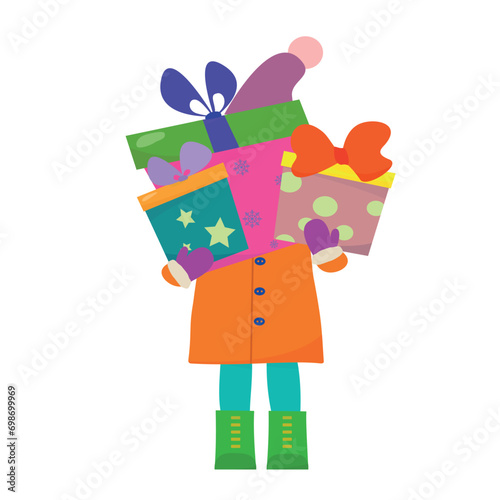 A little girl holds in her hands many boxes with various gifts. Vector illustration