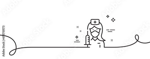 Vaccination line icon. Continuous one line with curl. Nurse with syringe sign. People vaccine symbol. Vaccination single outline ribbon. Loop curve pattern. Vector