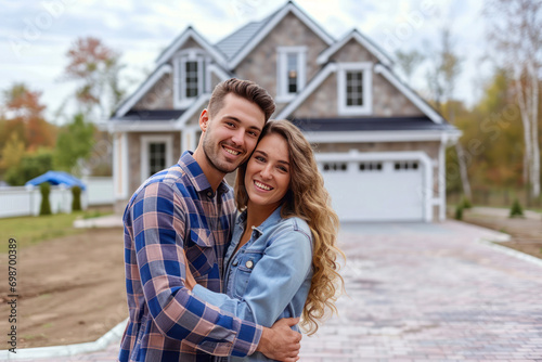 Young couple standing and hugging together looking happy in front of their new house to start new life.