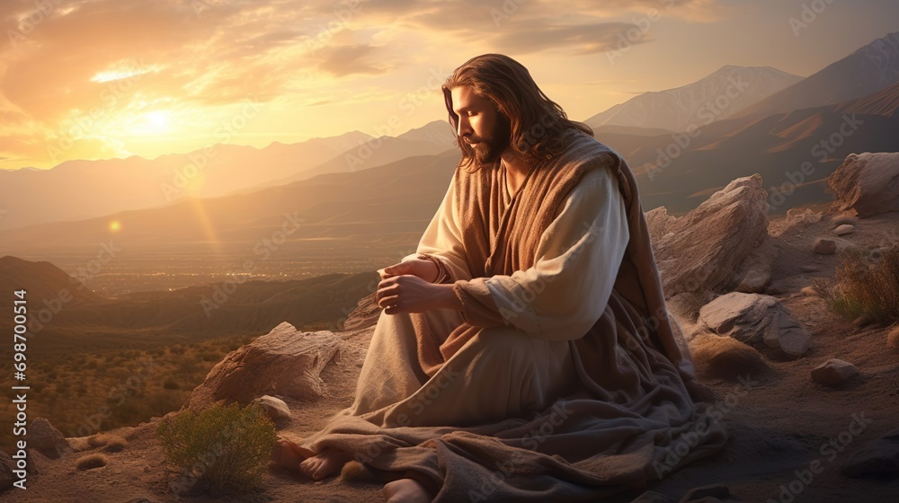 Jesus Christ prays to God in the mountains at sunset. Catholic Easter, Christianity. Jesus Christ prays to God in the mountains at sunset. Catholic Easter, Christianity.