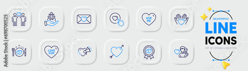 Love message, Romantic dinner and Love line icons for web app. Pack of Ask me, Valentine, Inclusion pictogram icons. Friends couple, Like button, Hold heart signs. Heart, Valentines day. Vector