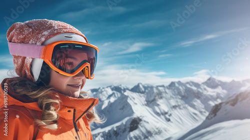 Portrait of a happy, smiling child snowboarder against the backdrop of snow-capped mountains at a ski resort, during the winter holidays.