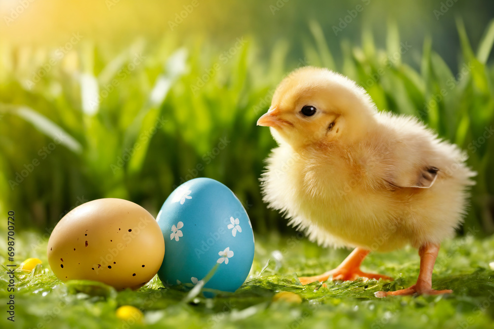 Yellow chick and easter eggs on green grass
