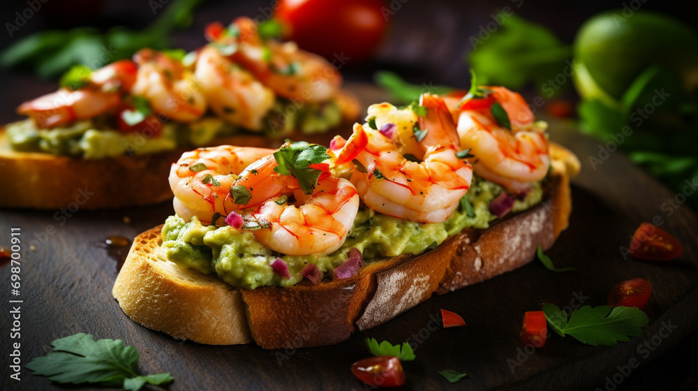Bruschetta with avocado cream and shrimp close-up. A snack or appetizer of avocado toast with shrimp Bruschetta with avocado cream and shrimp close-up. A snack or appetizer of avocado toast with shrimp