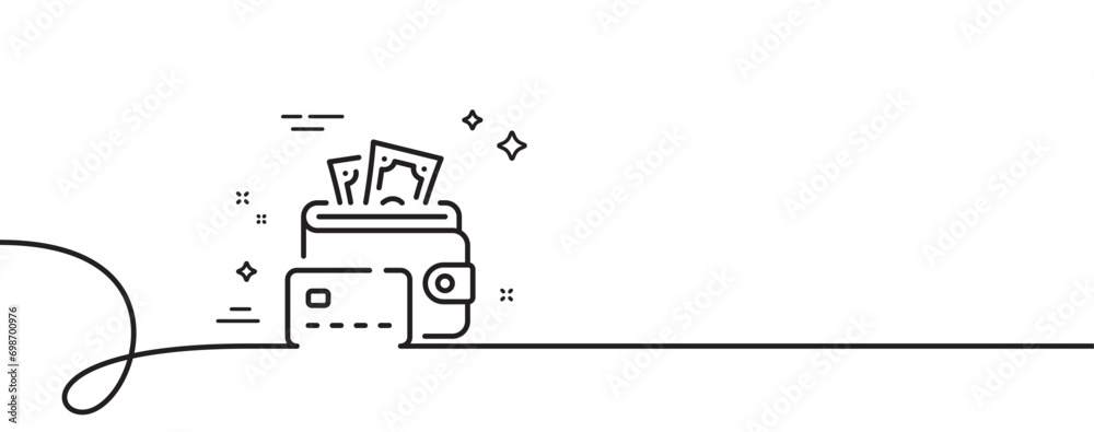 Money line icon. Continuous one line with curl. Cash wallet sign. Credit card symbol. Money single outline ribbon. Loop curve pattern. Vector - obrazy, fototapety, plakaty 
