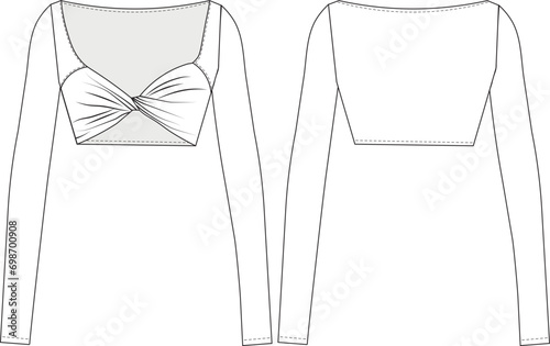 long sleeve square neck gathered crop blouse template technical drawing flat sketch cad mockup fashion woman design model style