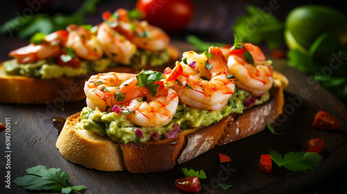 Bruschetta with avocado cream and shrimp close-up. A snack or appetizer of avocado toast with shrimp