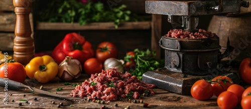 Minced meat and vegetables on wooden table with an aged grinder. photo