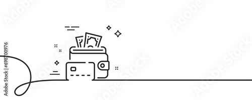 Money line icon. Continuous one line with curl. Cash wallet sign. Credit card symbol. Money single outline ribbon. Loop curve pattern. Vector