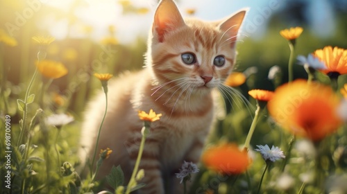 Playful exploration: curious kitten in a meadow of vibrant flowersr