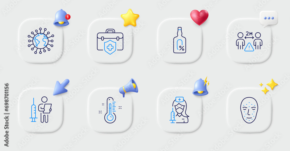 Alcohol free, Face biometrics and Medical insurance line icons. Buttons with 3d bell, chat speech, cursor. Pack of Vaccination, Thermometer, Coronavirus icon. Vector Alcohol free, Face biometrics and Medical insurance line icons. Buttons with 3d bell, chat speech, cursor. Pack of Vaccination, Thermometer, Coronavirus icon. Vector