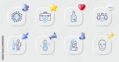 Alcohol free, Face biometrics and Medical insurance line icons. Buttons with 3d bell, chat speech, cursor. Pack of Vaccination, Thermometer, Coronavirus icon. Vector