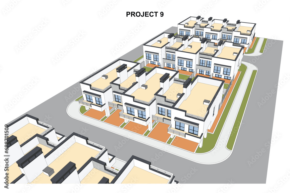 Naklejka premium Detailed architectural two story townhouse blueprints and drawings. Vector illustration