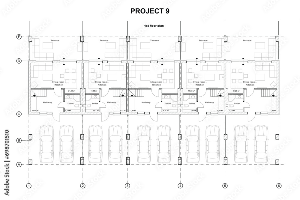 Detailed architectural two story townhouse blueprints and drawings. Vector illustration