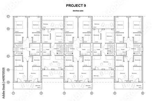Detailed architectural two story townhouse blueprints and drawings. Vector illustration