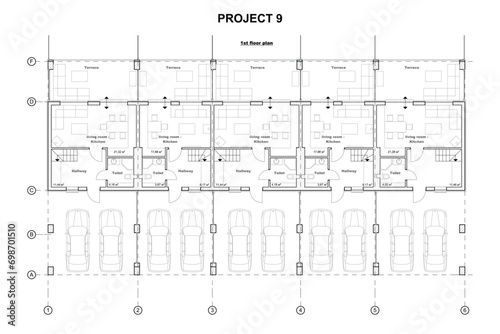 Detailed architectural two story townhouse blueprints and drawings. Vector illustration