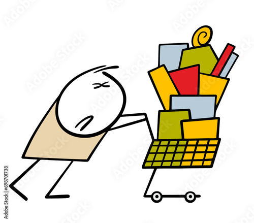 Stickman in the store is carrying a heavy Christmas tree with purchases. Vector illustration of character in supermarket and seasonal sale. Discounts for the buyer. Flat graphic cartoon.