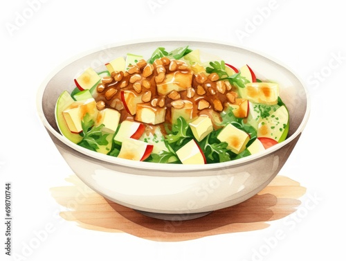 Minimalistic Watercolor Illustration of Apple and Walnut Salad with Honey Mustard Dressing AI Generated