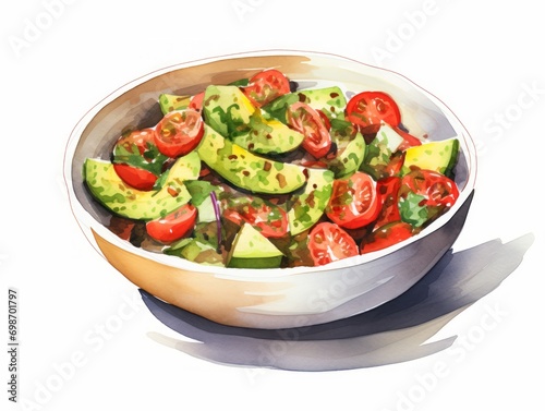Minimalistic Watercolor Illustration of Avocado and Tomato Salad with Lime Dressing AI Generated