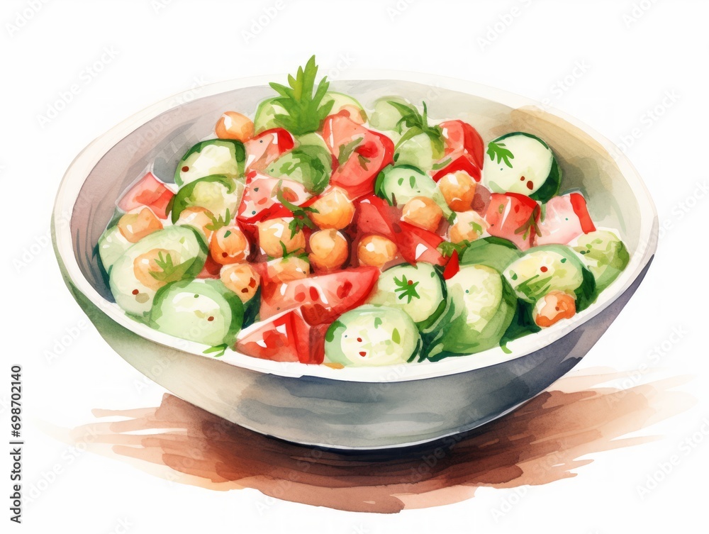 Minimalistic Watercolor Illustration of a Bowl of Chickpea Salad with Cucumbers and Tomatoes AI Generated
