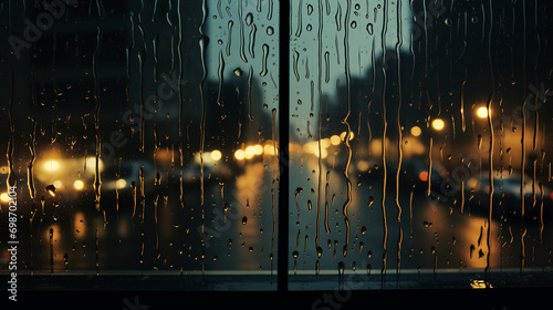 a window pane covered with raindrops, with the rain trails creating intricate patterns. The background is a blurred scene of city lights, likely from vehicles, which gives off a warm glow.