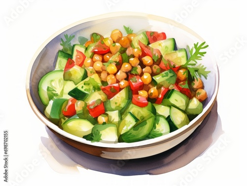 Minimalistic Watercolor Illustration of a Bowl of Chickpea Salad with Cucumbers and Tomatoes AI Generated