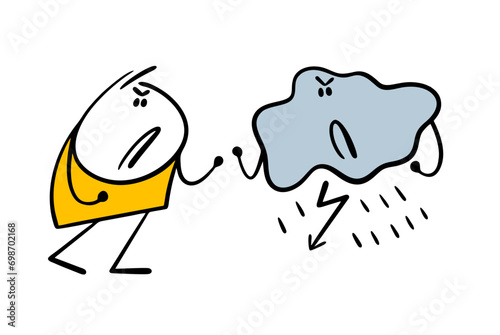 Fight between angry cloud and aggressive stickman. Vector illustration of dissatisfied boy with weather forecast. Thunderstorm, lightning and rain. Flat characters isolated on white background.