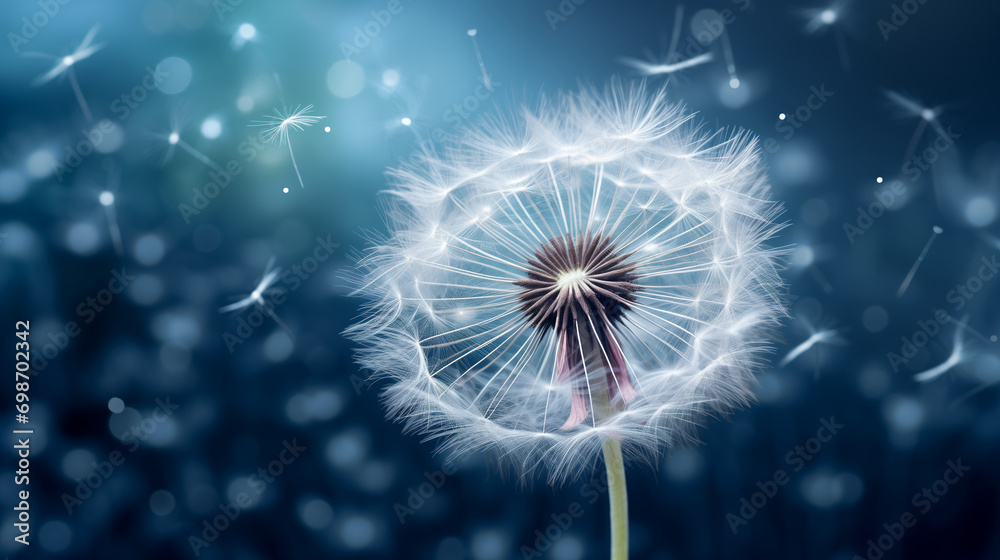 Obraz premium a dandelion with its seeds being carried away by the wind, set against a dark, bokeh background. White and delicate, with seeds blowing away. 