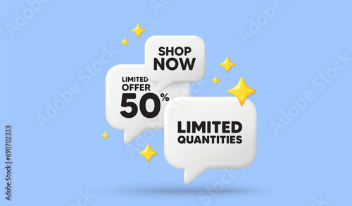 Limited quantities tag. 3d offer chat speech bubbles. Special offer sign. Sale promotion symbol. Limited quantities speech bubble 3d message. Talk box stars banner. Vector