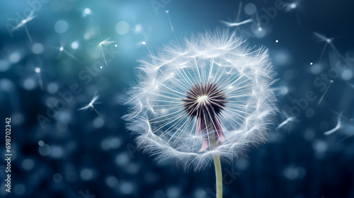 a dandelion with its seeds being carried away by the wind  set against a dark  bokeh background. White and delicate  with seeds blowing away. 