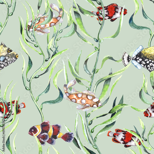 Watercolor different fishes in the seaweeds. Underwater life. Green background