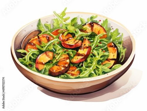 Minimalistic Watercolor Illustration of Grilled Peach and Arugula Salad with Balsamic Glaze AI Generated